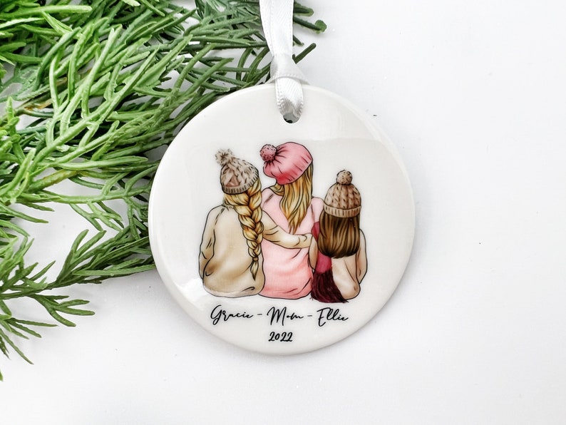 Single Mom Ornament, Personalized Family of 3 Ornament, Single Parent Gift, Mother Daughter Portrait Ornament image 1