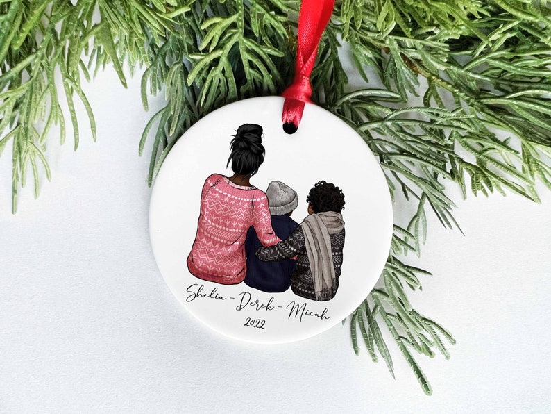 Single Mom Ornament, Personalized Family of 3 Ornament, Single Parent Gift, Mother Daughter Portrait Ornament image 6