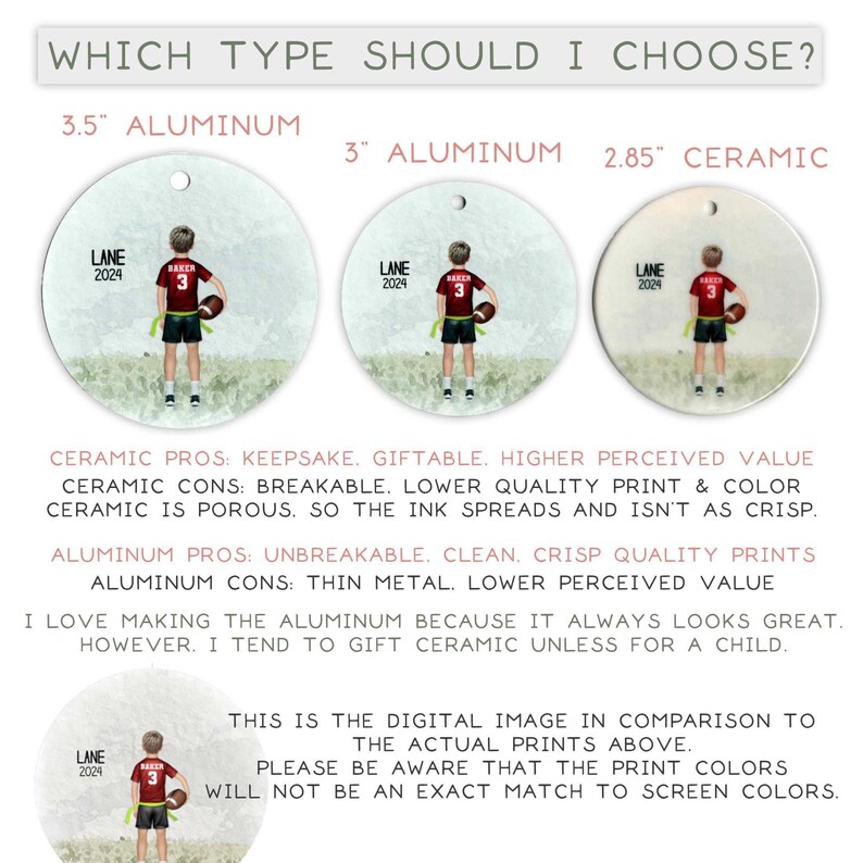 three different types of ornaments, each with a different material and quality. The first ornament is made of 3" aluminum, the second is made of 2.85" ceramic, and the third is made of 3" aluminum. The text provides information about the pros and cons of each material, as well as the preferences of the person who chose them. The image is a digital comparison to the actual printed images, and it emphasizes the importance of the actual colors when choosing a print for a specific purpose.