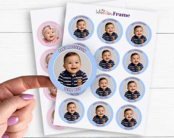 Custom Gender Reveal Photo Stickers for Party Cups, Favors & Invitations