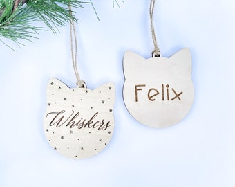 Wood Engraved Cat Ornament: Custom Christmas Decor for Cat Lovers