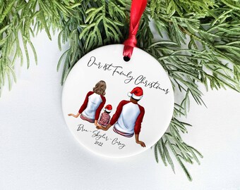 Our 1st Family Christmas, Family of 3 Ornament, Family Pajama Ornament, Mixed Couple Ornament