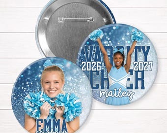 Cheer, Pom & Dance Team Photo Brag Button with Confetti Background: Senior Night Spirit Pin