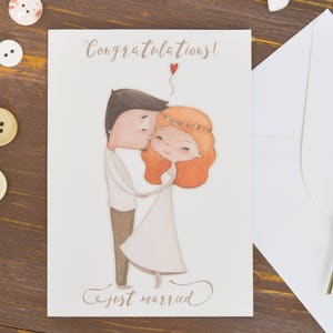 Biglietto d'auguri per matrimonio, disegno romantico con sposi abbracciati