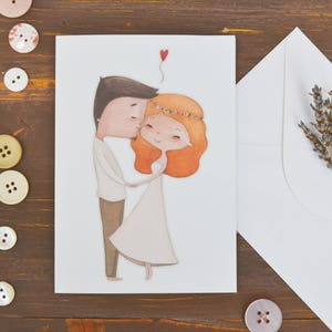 Biglietto d'auguri per matrimonio, disegno romantico con sposi abbracciati