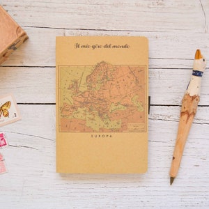 Taccuino di viaggio artigianale, Il mio giro del mondo, con stampa d'epoca, diario di viaggio