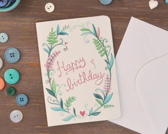 Greeting Card Flowers on white background, Happy Birthday