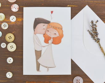 Biglietto d'auguri per matrimonio, disegno romantico con sposi abbracciati