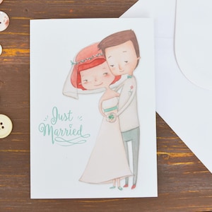 Biglietto d'auguri per matrimonio, disegno romantico con sposi abbracciati