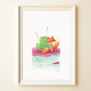 Stampa Amici a pesca, Quadro cameretta, Poster Volpe e Rana, regalo san valentino
