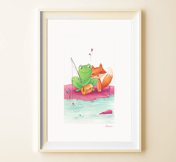 Friends in Fishing Print, Fox and Frog, Love Print, Valentine's Day 