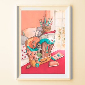 Poster per viaggiatori, illustrazione valigia e oggetti di viaggio per decorare la tua parete