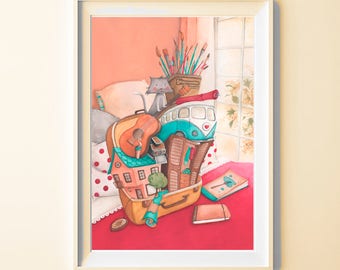 Suitcase art print, illustration for travellers and a beautiful decoration for your wall