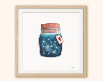 Póster Tarro de sueños, ilustración romántica impresa en papel