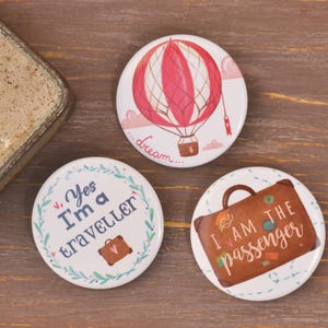 Set of 3 Illustrated Pins, gift idea, World tour