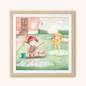 Poster bambini in giardino, stampa illustrazione con bambini che giocano nelle pozzanghere