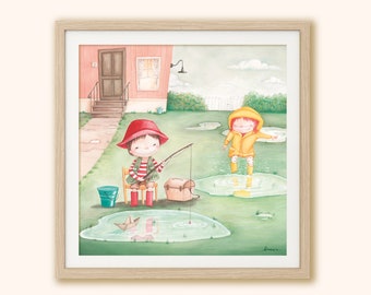 Cartel de niños en el jardín, ilustración impresa con niños jugando en charcos.