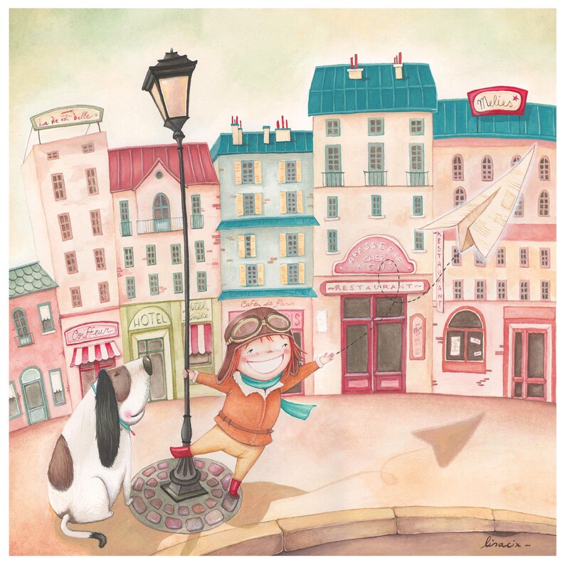 Puede incluir: Una ilustraci&oacute;n de acuarela de una ni&ntilde;a con un gorro de piloto y gafas, sosteniendo una cuerda atada a un avi&oacute;n de papel. Ella est&aacute; de pie frente a una fila de edificios coloridos con un perro a su lado. Los edificios tienen letreros que dicen "Hotel", "Peluquer&iacute;a", "Cafe de Fleur", "Brasserie du Nord" y "Restaurante".