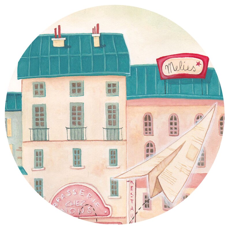 Puede incluir: Una ilustraci&oacute;n de acuarela de un edificio con un techo turquesa y un letrero que dice "Melies" en letras rojas. Un avi&oacute;n de papel vuela frente al edificio. El edificio tiene un letrero que dice "Brasserie Chez Nous" en letras rosas.