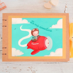 Album fotografico personalizzabile, con aeroplano Le mie avventure, per nascita battesimo compleanno, A5