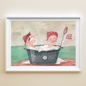 Ilustración de póster de niños en la bañera, impresión mural ilustrada
