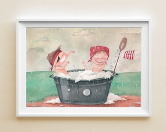 Childrens playing art print, children poster illustration and romantic wall art