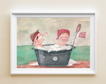 Ilustración de póster de niños en la bañera, impresión mural ilustrada