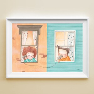 Póster "Niños en la ventana", una bonita ilustración infantil, ideal para el dormitorio.
