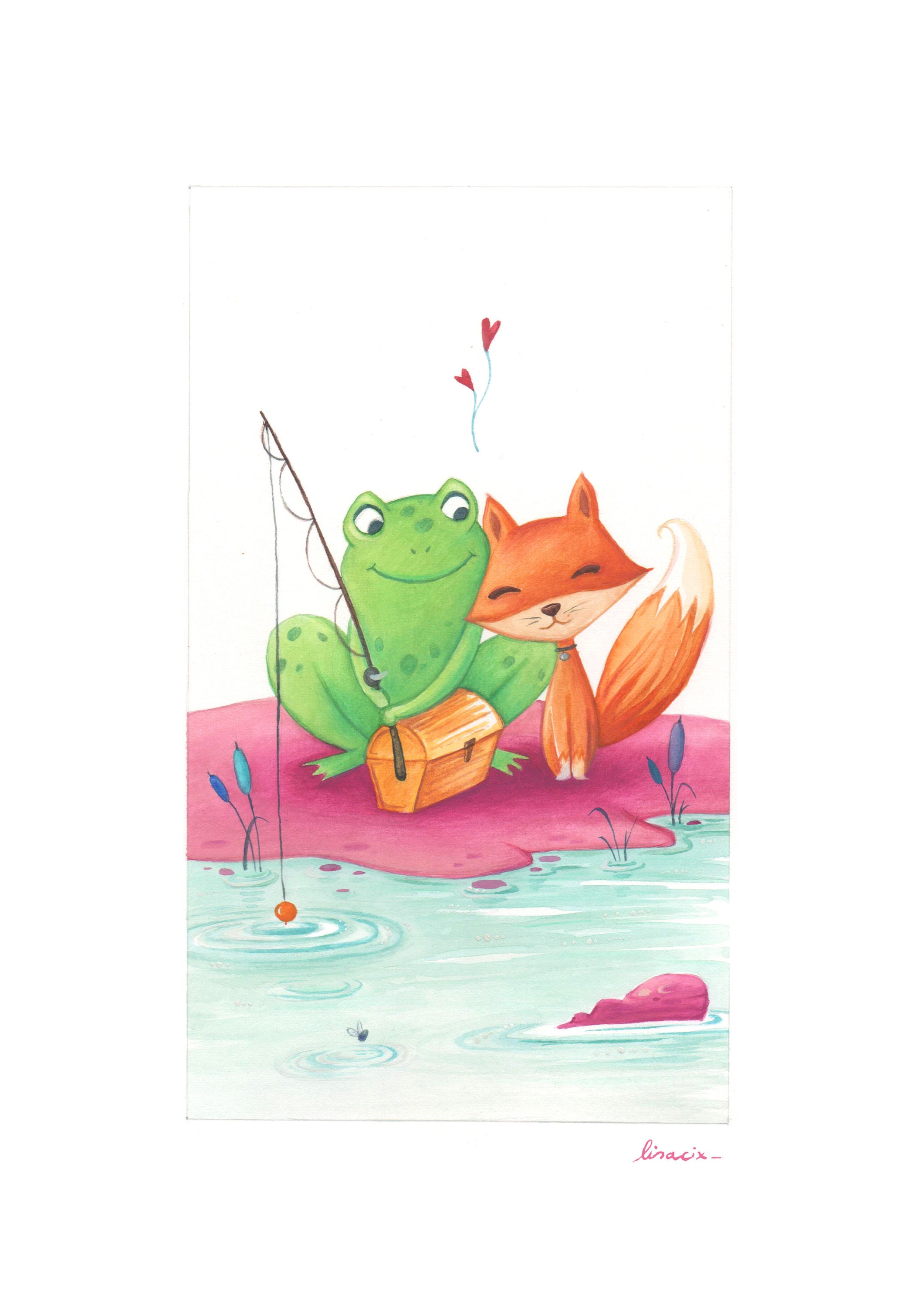 Friends in Fishing Print, Fox and Frog, Love Print, Valentine's Day - Etsy