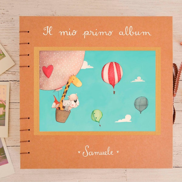 My first photo album, children photo book customizable cover, hot air balloons illustration