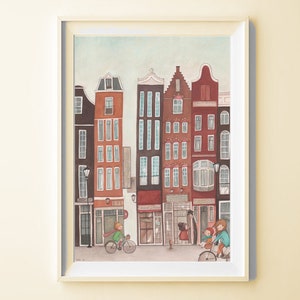 Poster città di Amsterdam, stampa illustrazione di case olandesi per decorare la tua parete