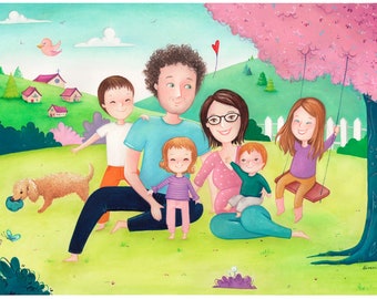 Custom family portrait, gouache illustration on paper - NEXT AVAILABILITY: JUNE 2024