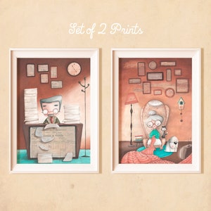 Set di 2 Stampe, Poster illustrazioni vintage Nonna che fa la maglia e impiegato in ufficio