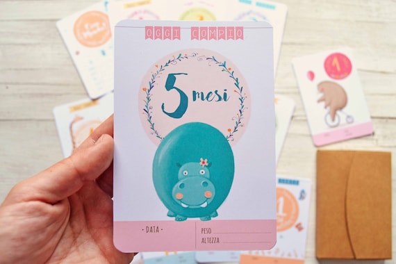 Set card traguardi del bebè, 13 cartoline illustrate per il primo anno del tuo bambino
