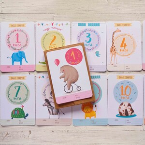 May include: A set of 11 colorful cards with illustrations of animals and the text "Oggi compio" and "mesi" (meaning "Today I turn" and "months"). The cards are numbered 1 through 11, with each card featuring a different animal.