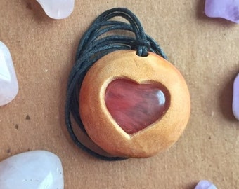 Carved avocado pit heart necklace with ROSE QUARTZ | Love necklace | Love gift