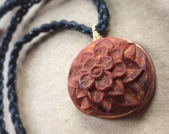 Carved avocado pit necklace with braided cord | Mandala art inspired pendant | henna inspired art | Wearable art |