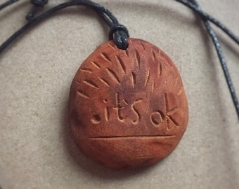 Hand carved avocado stone necklace. It’s ok. Affirmation. Natural jewelry.