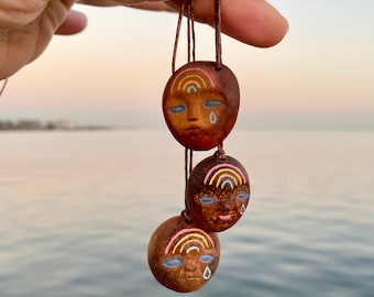 Hand carved avocado stone necklace. Rainbow Face. Natural jewelry. Gift for her for him for them. Rainbow. Pride jewelry.