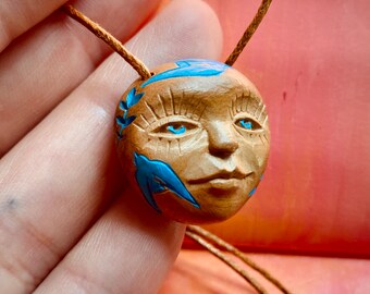 Hand carved avocado stone necklace. Moon Face. Natural jewelry. Gift for her for him for them. Celestial jewelry.