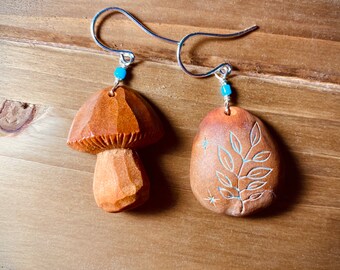 Mismatched earrings hand carved from avocado pits| Hand carved earrings | Boho earrings | lightweight earrings | Mushroom earrings
