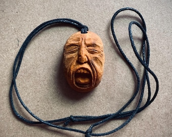 Hand carved avocado stone necklace | angry face screaming man face | Natural jewelry |Gift for her,  for him | whimsical wearable art