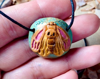 Hand carved avocado pit choker necklace 19inches. Colorful Moth pendant. Witchy vibe. Natural jewelry.