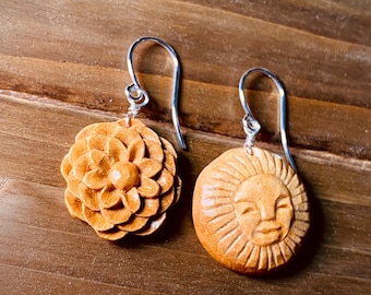 Mismatched earrings hand carved from avocado pits| Hand carved earrings | Boho earrings | lightweight earrings | Sun and a flower
