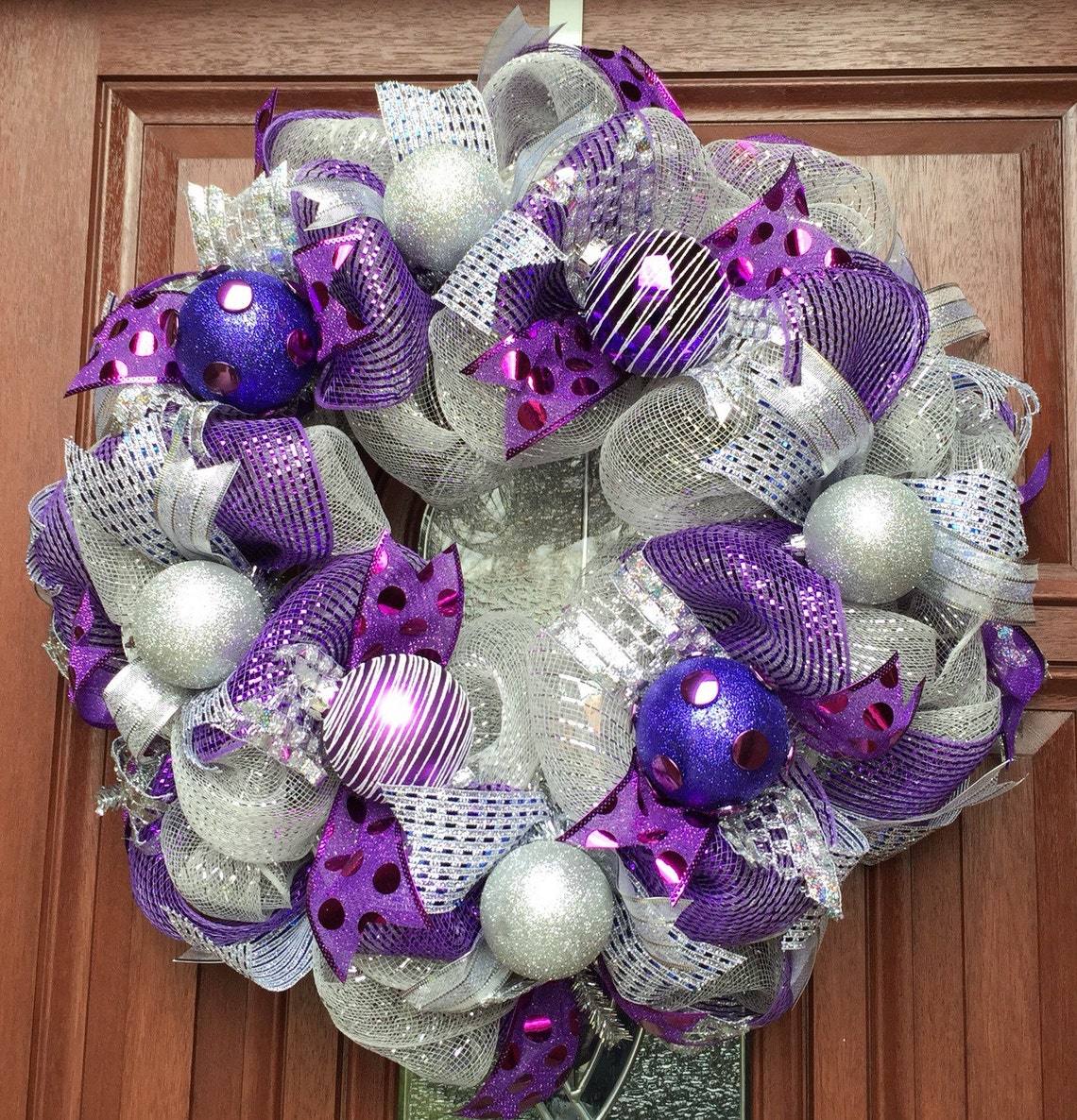 Deco Mesh Christmas Wreath Silver Purple Christmas Wreath | Etsy