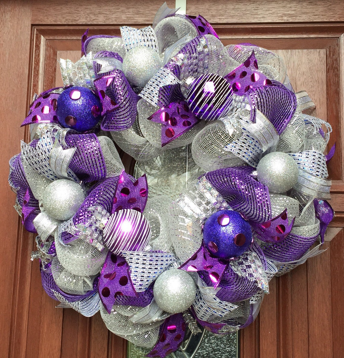Deco Mesh Christmas Wreath Silver Purple Christmas Wreath Etsy