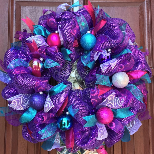 Purple Christmas Wreath - Metallic Purple Deco Mesh - Purple, Pink, Teal