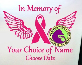 Breast Cancer MEMORIAL Pink Ribbon Wings - Add CUSTOM WORDS In Memory of Vinyl Decal Sticker