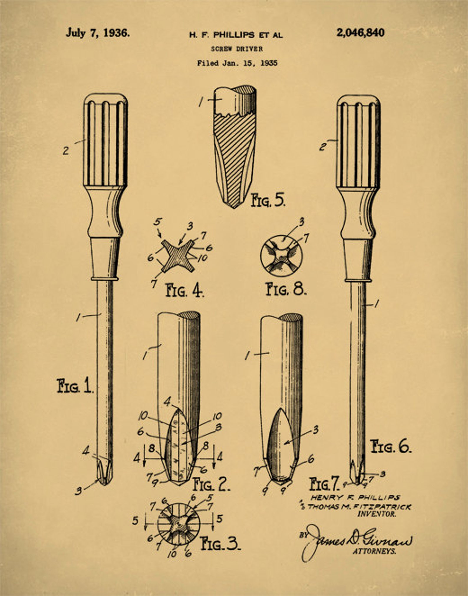 Phillips Screwdriver Patent Print 1936 Phillips Screwdriver Etsy