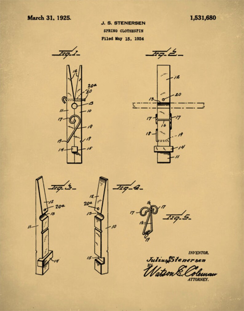 Clothes Pin Patent Clothes Pin Print Clothes Pin Poster Etsy